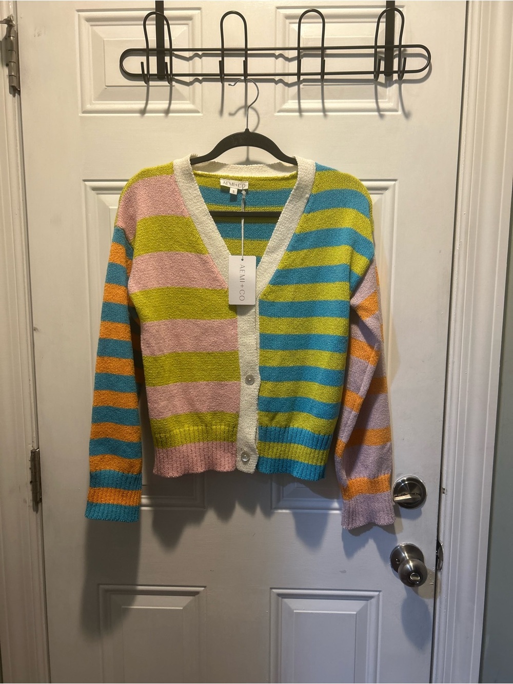 AEMI+CO Striped V-Neck Sweater - Pink, Lime, Blue